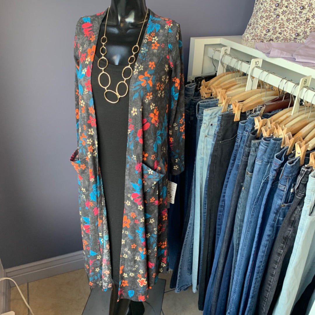 LuLaRoe Duster, XS - S Teal Red Orange on Grey