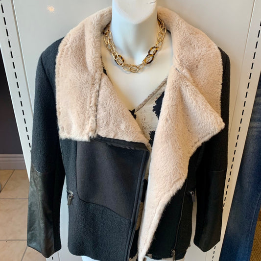 Tribal Jeans Jacket, Small Black with Beige Sherpa