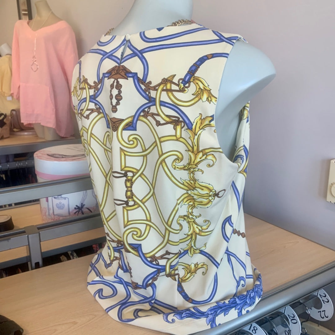 McLaughin, Top Sleeveless, Large Butter yellow and blue with accent colours