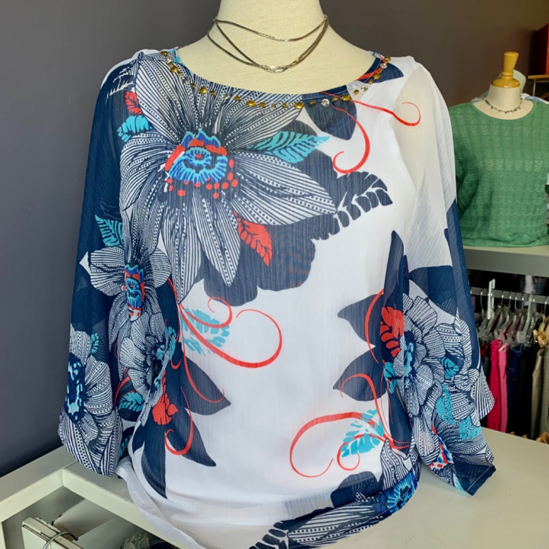 Hearts of Palm, Tops, Size 6 White Blue Floral