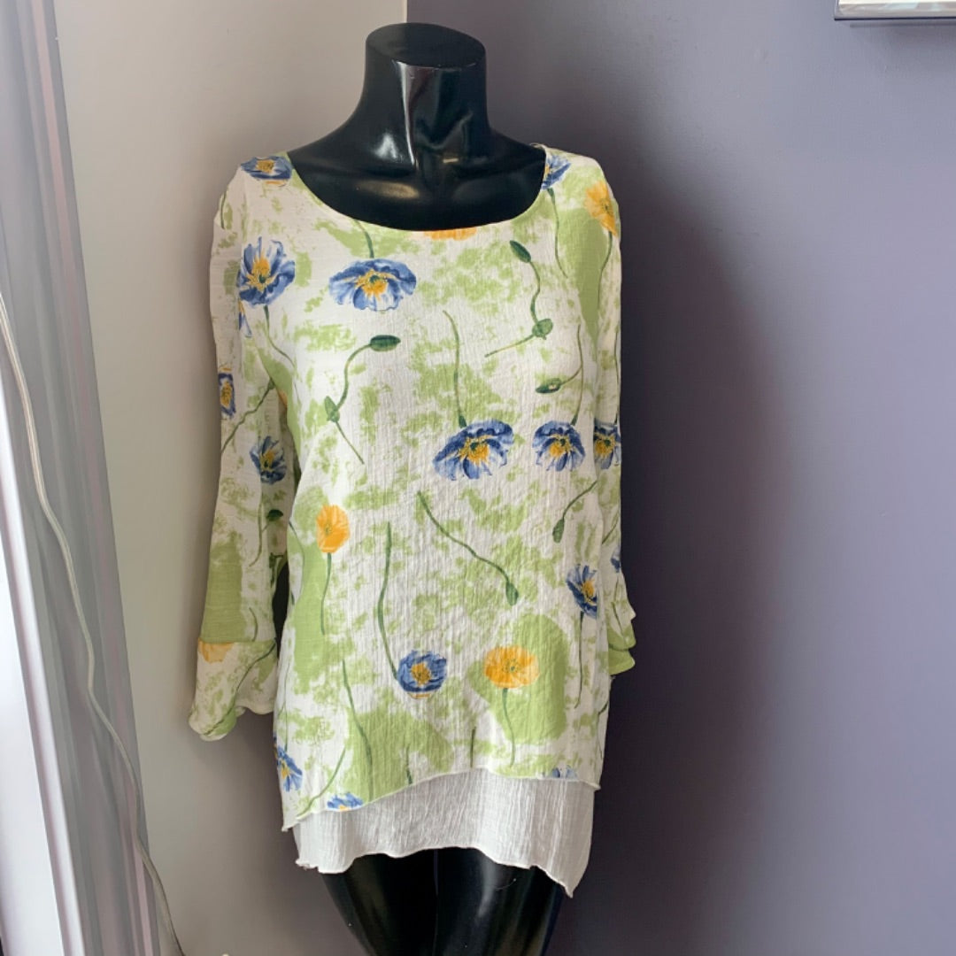 Papillon, Tops, Medium Green Blue Yellow White