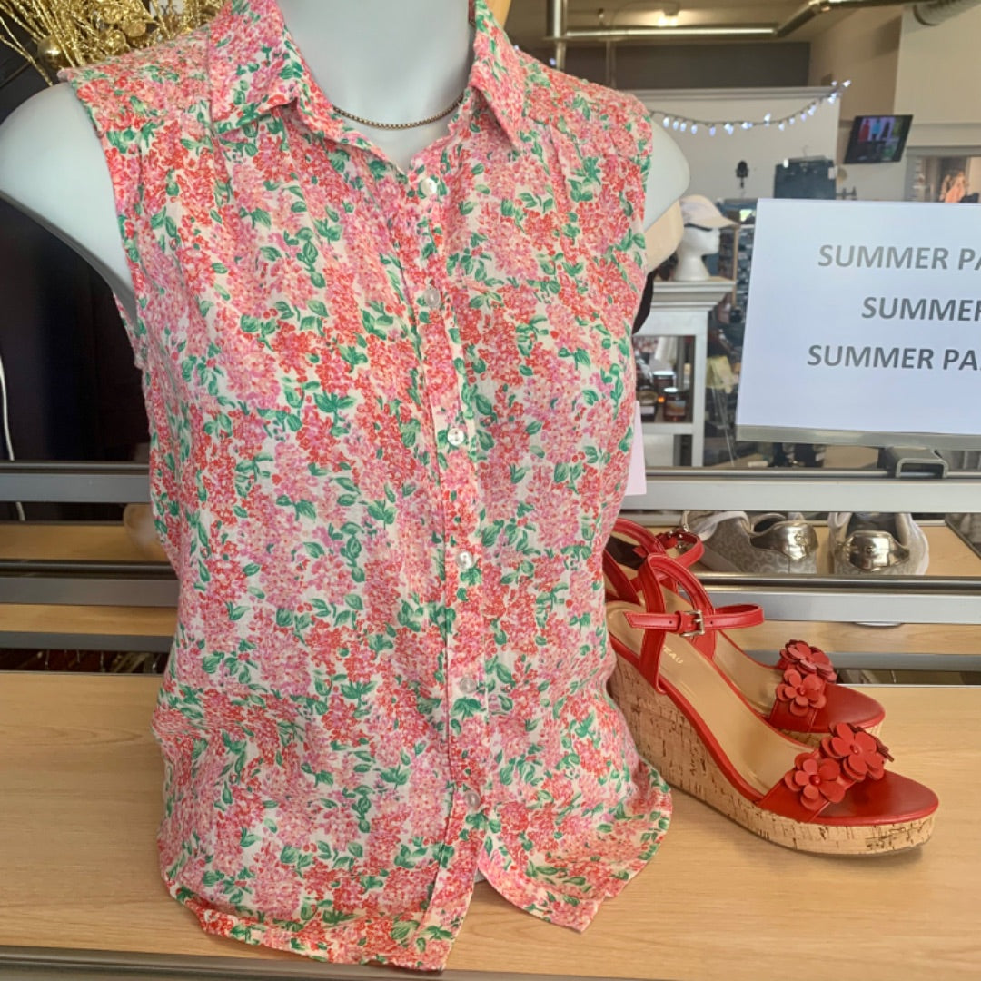 Mango, Top Sleeveless, Size 4 Red Green on White