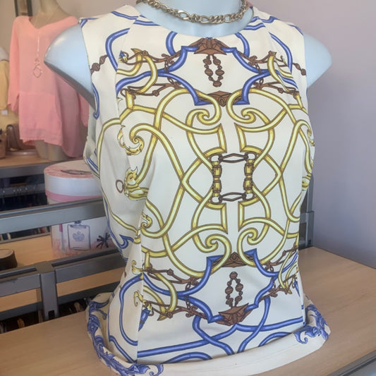 McLaughin, Top Sleeveless, Large Butter yellow and blue with accent colours